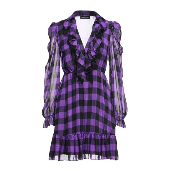 Vanessa Scott purple plaid tartan print long sleeves ruffle ruched dress size M - Picture 6 of 14